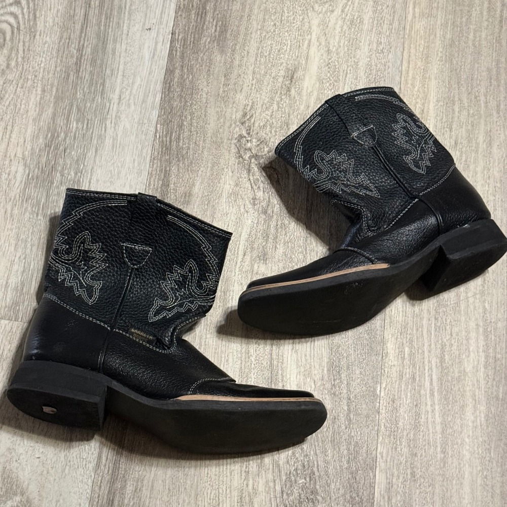 Black Genuine Leather Square Toe Western Cowboy Boots Contrast Stitch Womens 5‎